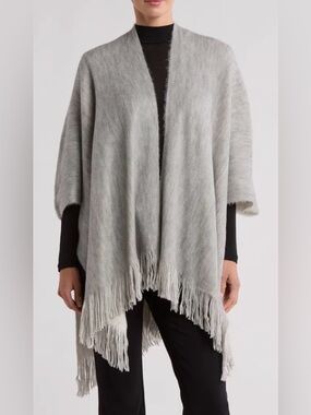 Vince Camuto Cape Shawl OS Oatmeal Brown Open Front Poncho w/Frayed Hem